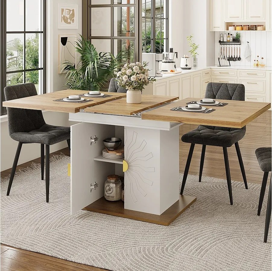 Zestaw obiadowy 5-elementowy - stół rozkładany z miejscem do przechowywania - 110(140) x 70 x 76 cm + 4 krzesła - płyta MDF - szary + biały