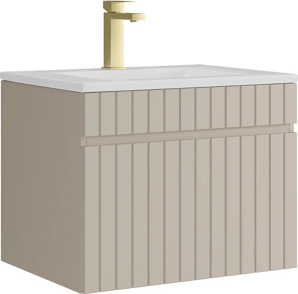 Wisząca szafka łazienkowa prążkowana beżowa z umywalką podblatową do zabudowy i baterią – 60 cm – SATARA