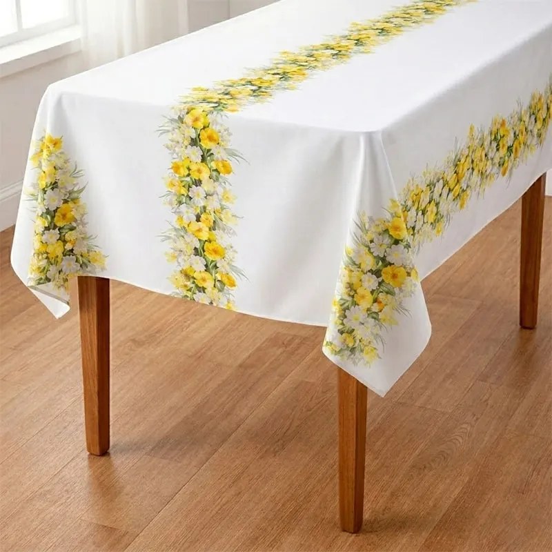 Obrus na metry biały z żółtymi kwiatami Oxford 3 pasy - szer. 150 cm