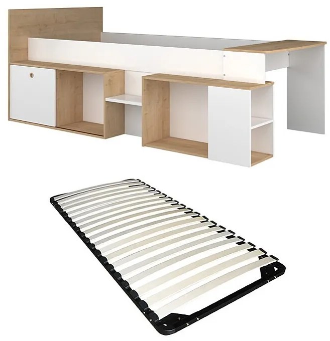 Łóżko piętrowe 90 x 200 cm z biurkiem i schowkami - Biały i naturalny + Stelaż - PALOMA