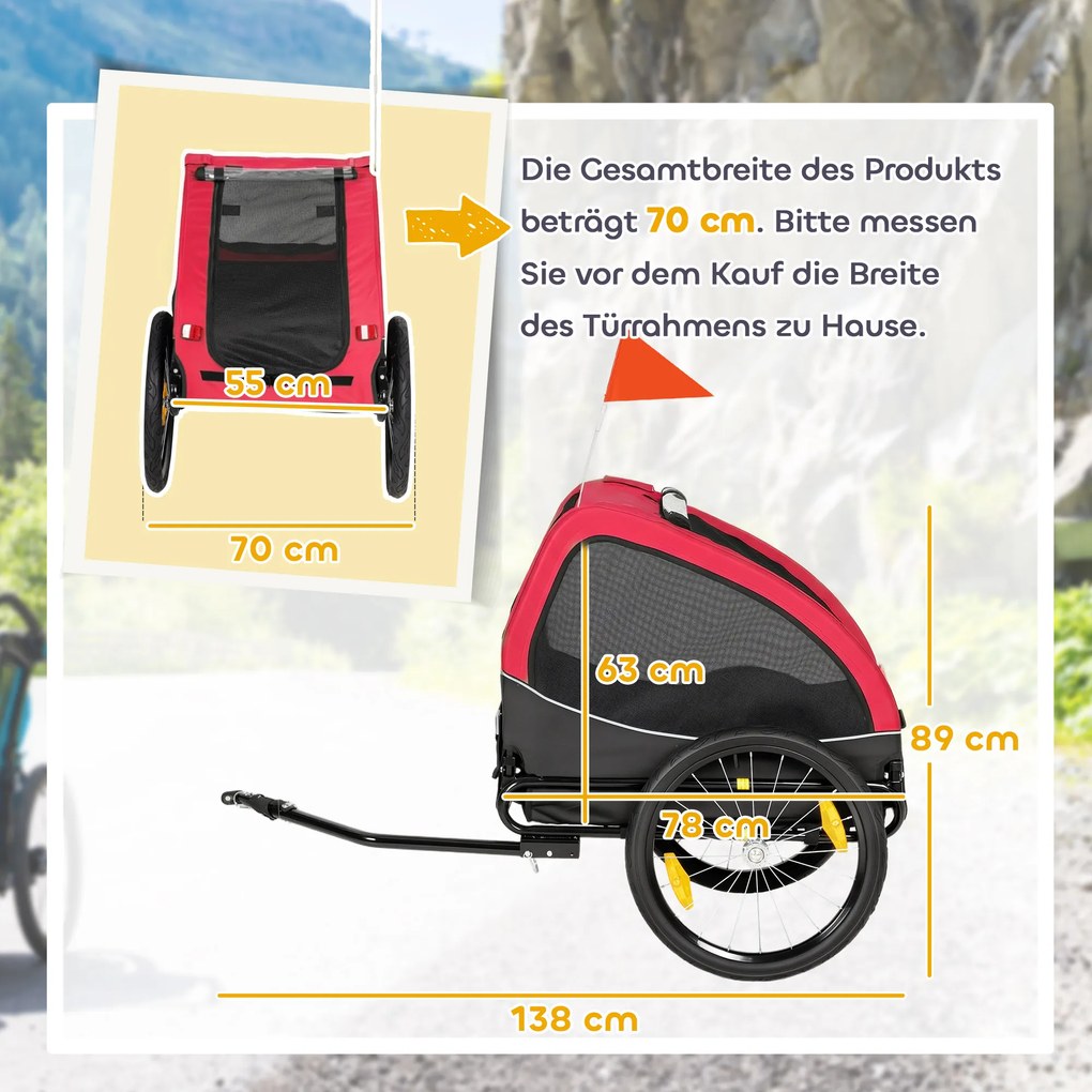 PawHut Przyczepka rowerowa składana z odblaskami oknami z siatki kołami drzwiami i chorągiewką, do 20 kg, 138x70x89 cm, czerwona | Aosom PL