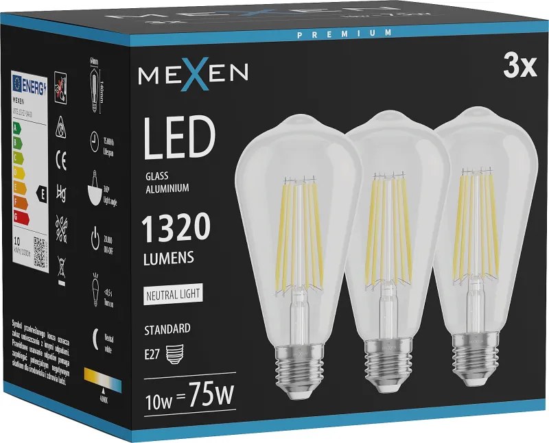 Mexen Vintis 3x żarówka filament LED E27, ST64, 10W, Neutralna - 4000K, 1320 lm, clear - L152-E27-1040-00x03