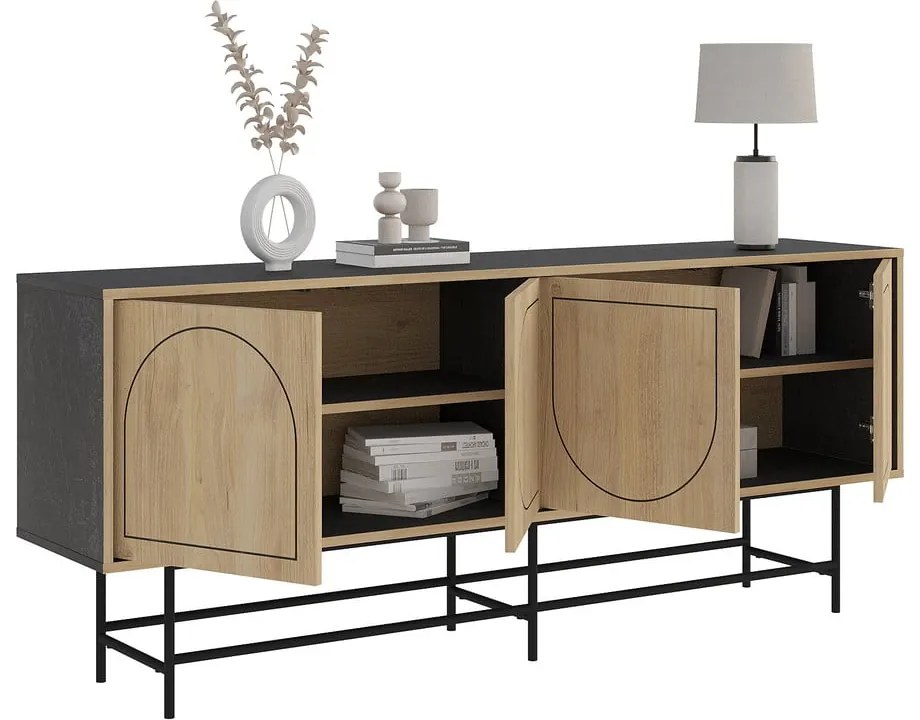 Czarna niska komoda w dekorze dębu 187x77,5 cm Giana – Marckeric