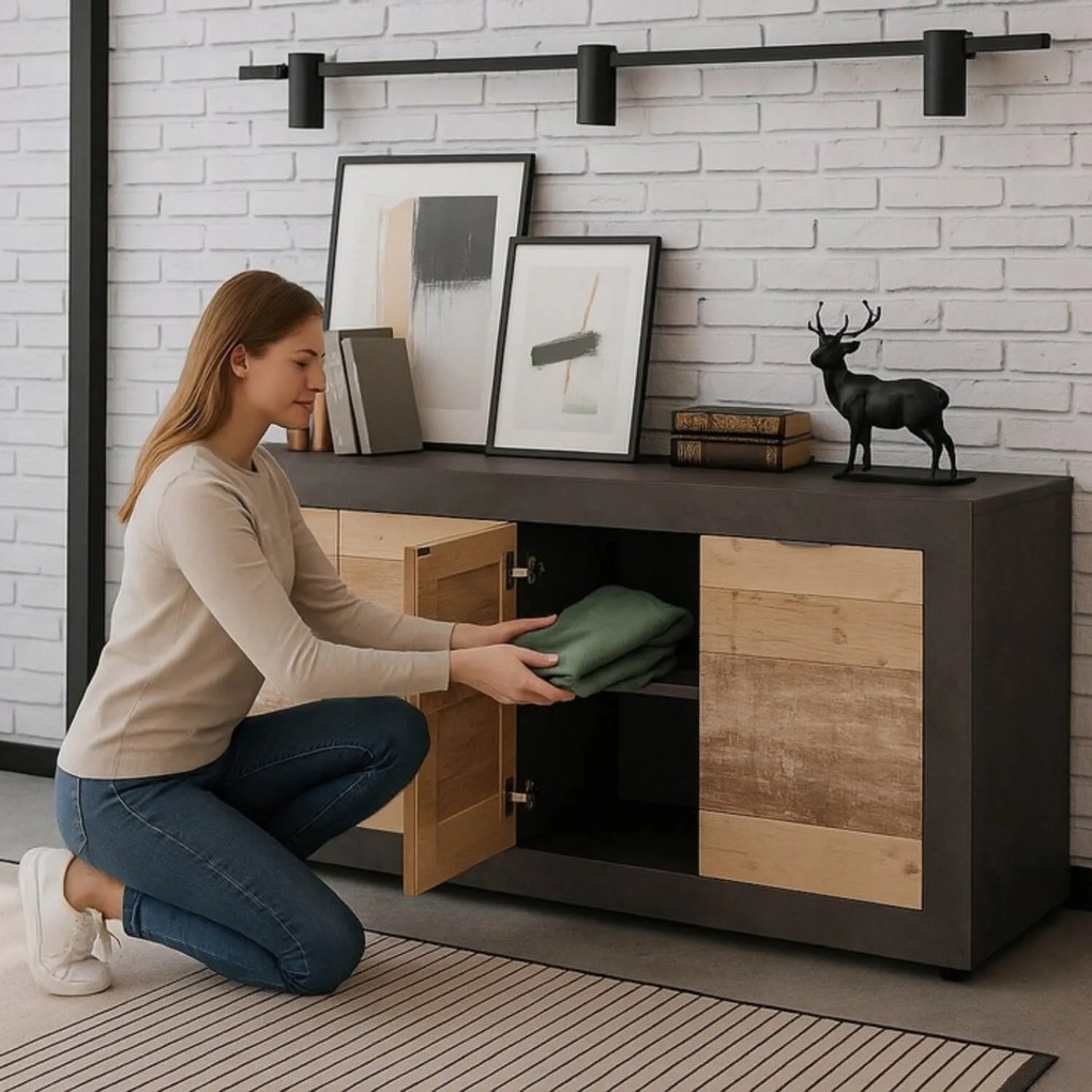 Komoda Czterodrzwiowa BLAGO 180 cm Surowy Dąb/Czarny Loft