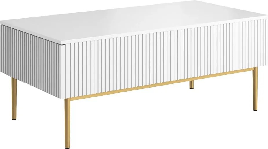 Stolik kawowy Nicole 120 cm z szufladami i metalowymi nogami - biały mat / złote nóżki