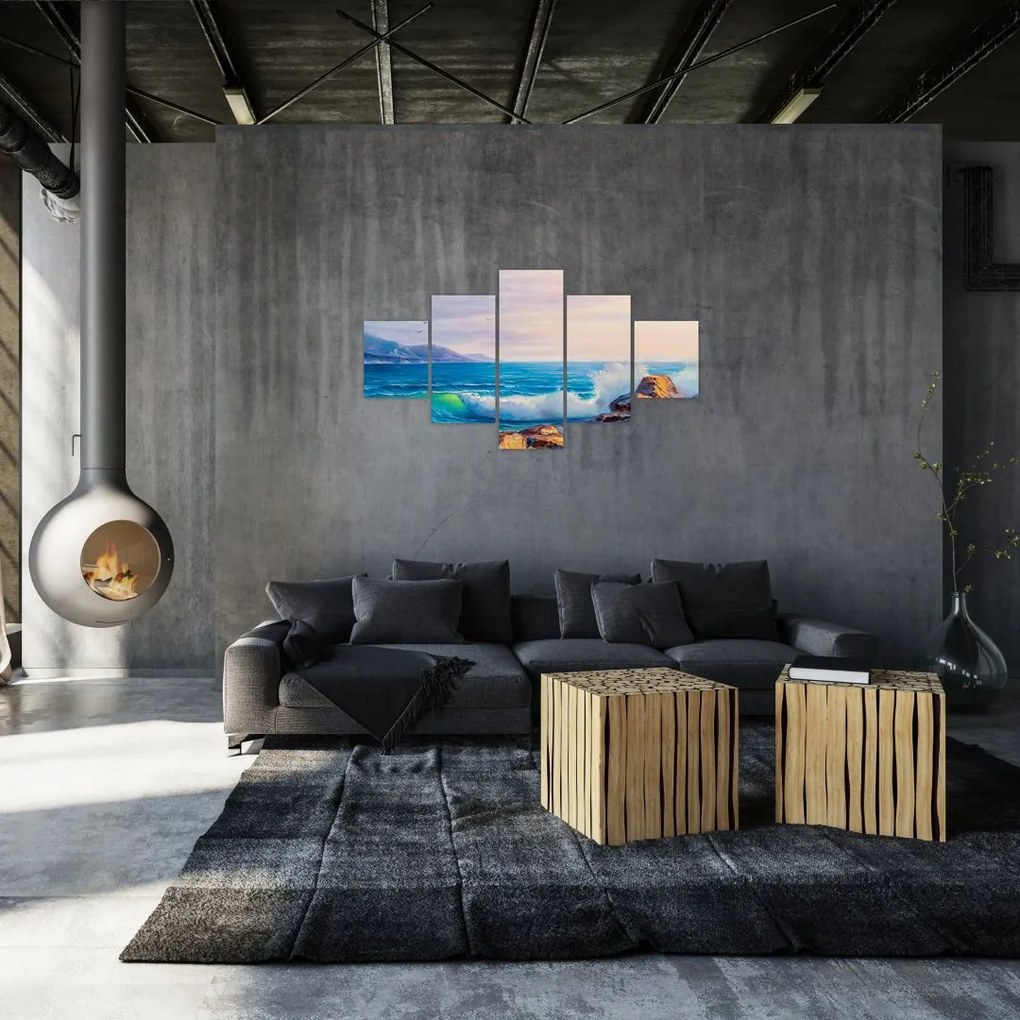 Obraz fal uderzających w klify, obraz olejny (125x70 cm)