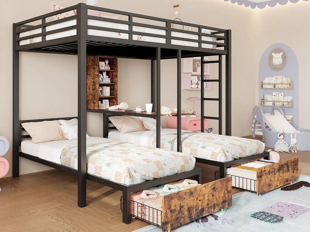 Łóżko piętrowe 140x200 cm + 90x200 cm – 3 miejsca do spania – z barierkami bocznymi – z przegrodami do przechowywania – 2 szuflady – czarne