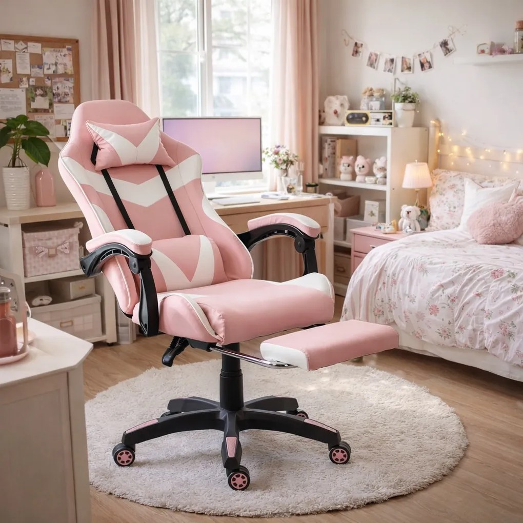 Fotel gamingowy z podnóżkiem Raxor, kolor różowo-biały