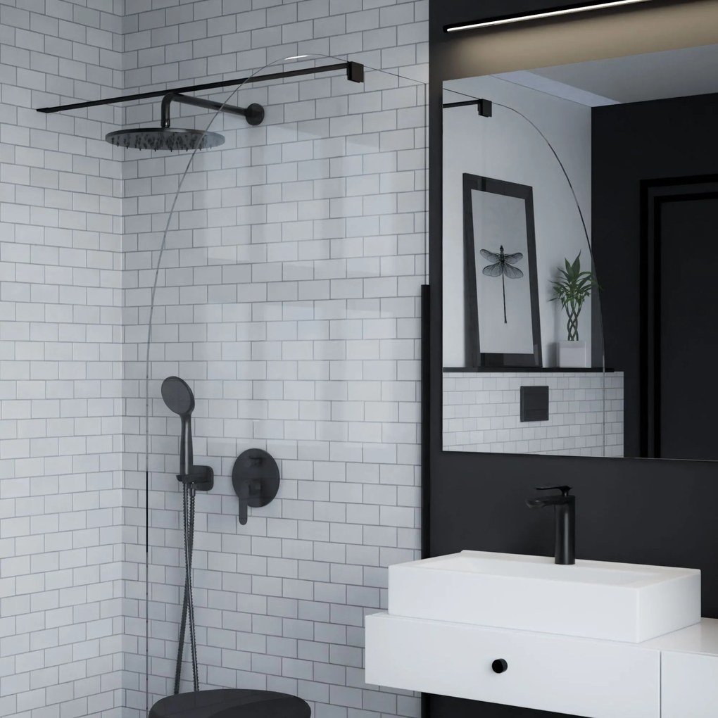 Ścianka prysznicowa WALK IN FIX przezroczysta półokrągła 8 mm MOLIS NATURE Clear Moon MASSI | różne rozmiary : Kolor profili kabiny - czarny, Szerokość ścianki - 80 cm, Typ montażu - WALK in FIX (Do ściany)