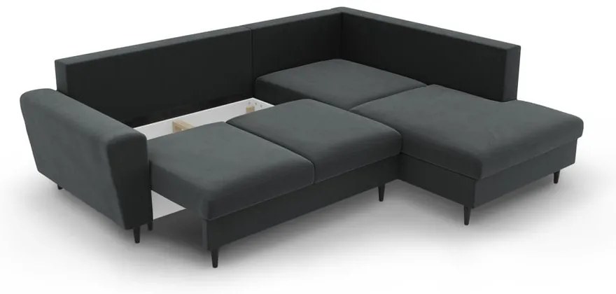 Ciemnoszary aksamitny rozkładany narożnik ze schowkiem (prawostronny/w kształcie litery L) Kyoto – Cosmopolitan Design