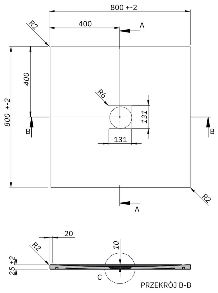 Brodzik z konglomeratu kwadratowy szary 80 x 80 DIAMO Light Grey