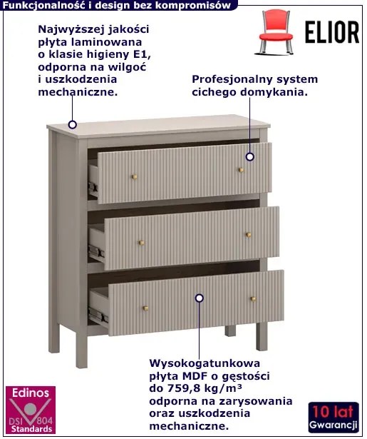 Nowoczesna komoda z trzema szufladami w kolorze taupe czarny