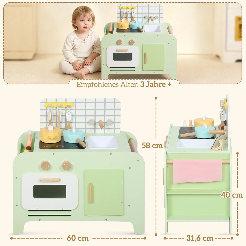 AIYAPLAY zestaw kuchni dla dzieci, MDF, 15 akcesoriów, szafki, 40 cm, od 3 lat, zielony