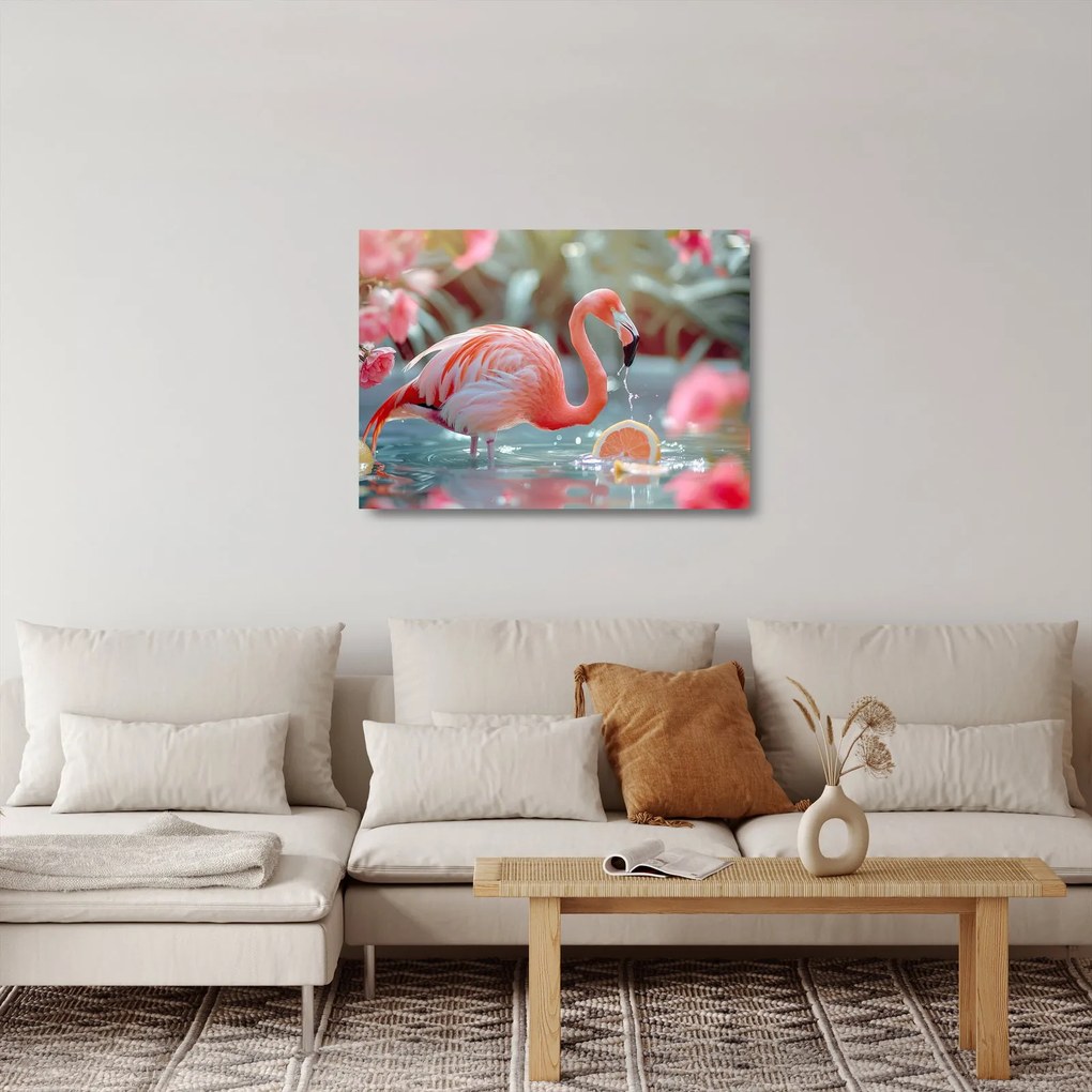 Obraz na szkle - Flaming w stawie (70x50 cm)