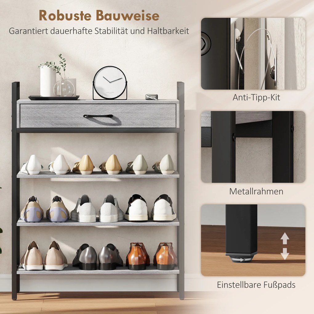 HOMCOM 4-poziomowa szafka na buty, regał do przedpokoju na do 9 par butów, płyta wiórowa, metal, szary