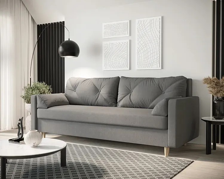 Popielata sofa rozkładana z pojemnikiem na pościel - Ahmo