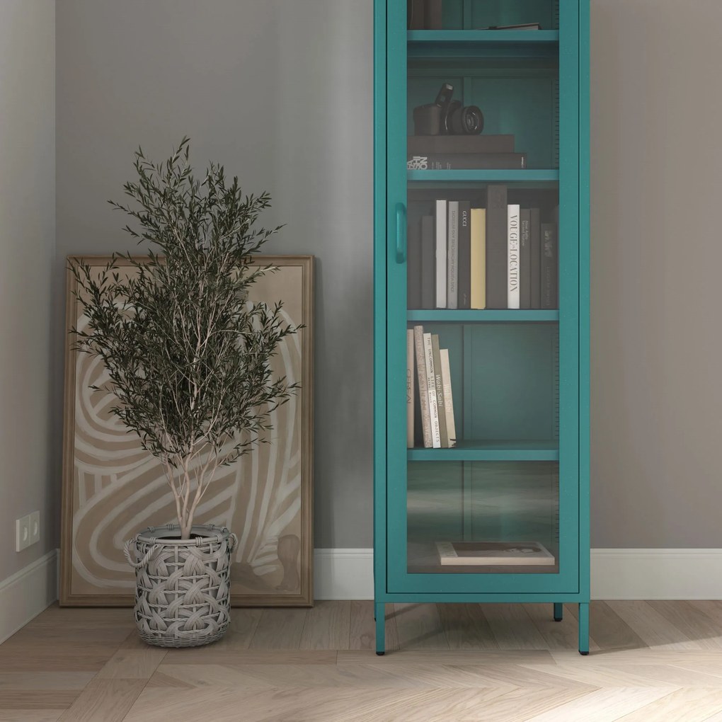Witryna szklana do salonu wąska morska / turkusowa Modern LUIGI 500 x 1800 x 350 mm