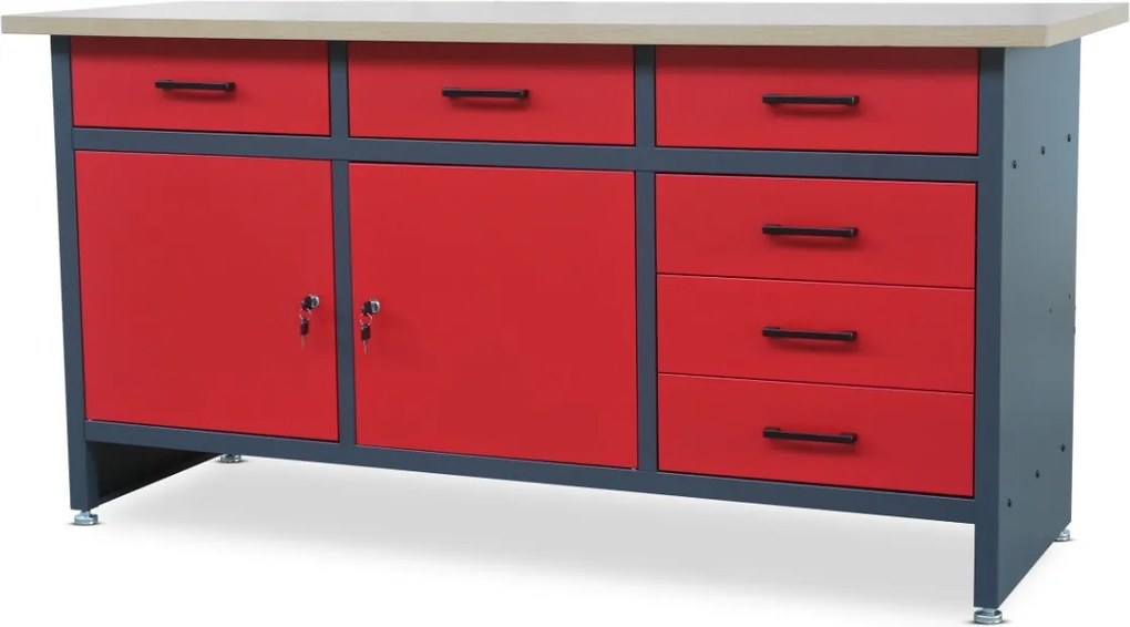 Duży stół warsztatowy z szafkami i szufladami Henry antracytowo-czerwony