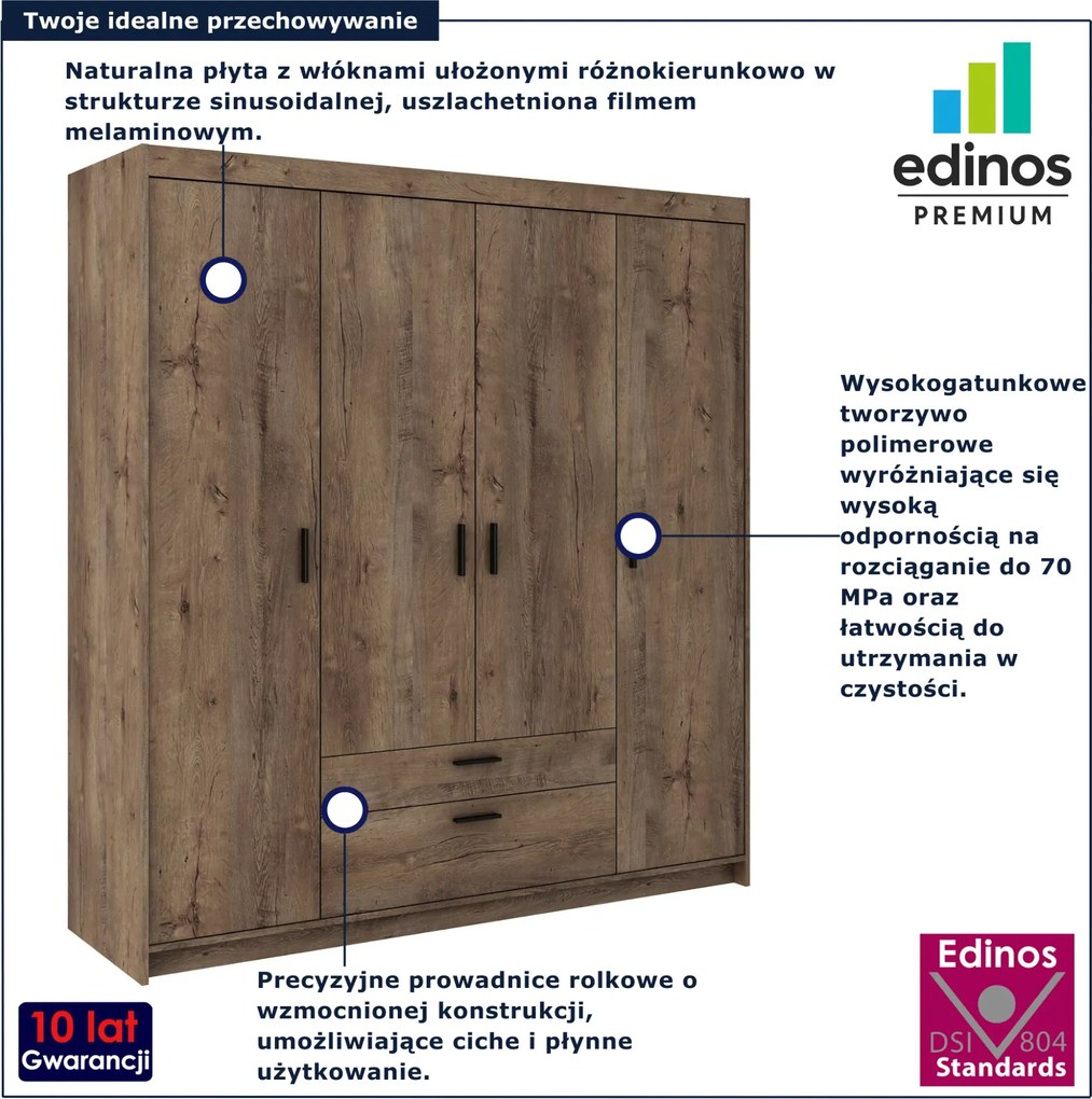 Czterodrzwiowa szafa z drążkiem i półkami dąb lefkas K0-E56