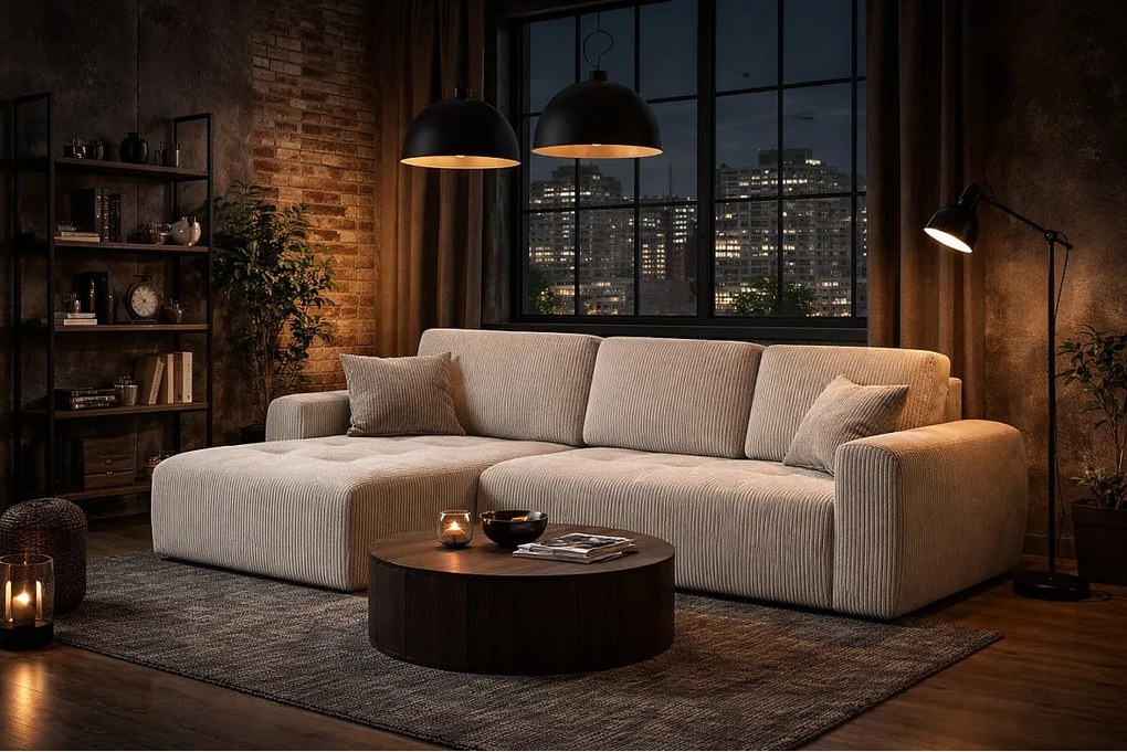 Narożnik w kształcie L z funkcją spania i pojemnikiem Ivo L, tkanina sztruksowa Poso, Beżowy, Lewy