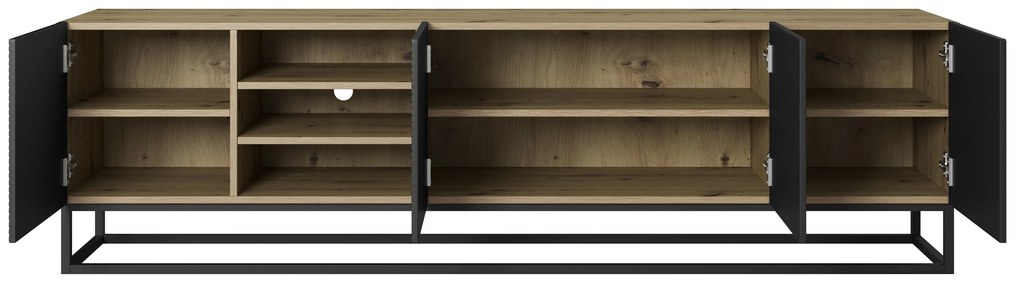 Szafka RTV Asha 200 cm ryflowana z wnęką i metalowym stelażem - artisan / czarny mat