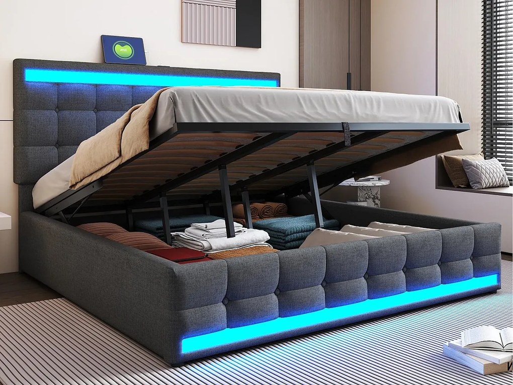 Tapicerowane łóżko ze schowkiem 180x200 cm - Z portem USB - Z taśmą LED - Len - Szary (bez materaca)