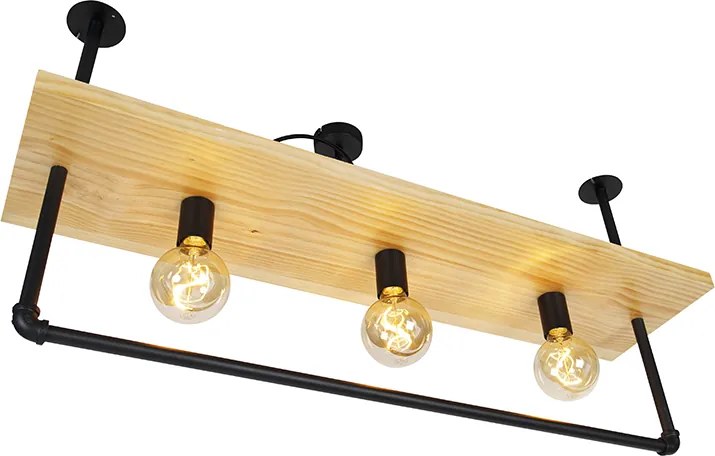 Industrialna lampa sufitowa czarna z drewnem 3-światłowa - Shelf
