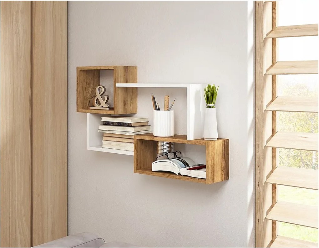 Nowoczesna półka wisząca z 3 prostokątami, do salonu, sypialni i pokoju dąb wotan, biały mat