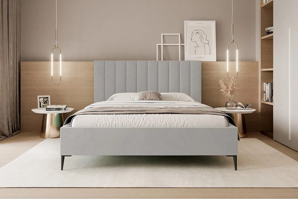 Mona SLIM III w tkaninie VELUTTO, Wygodne łóżko tapicerowane - Ergonomiczne oparcie dla pleców 200x200 cm, jasnoszary