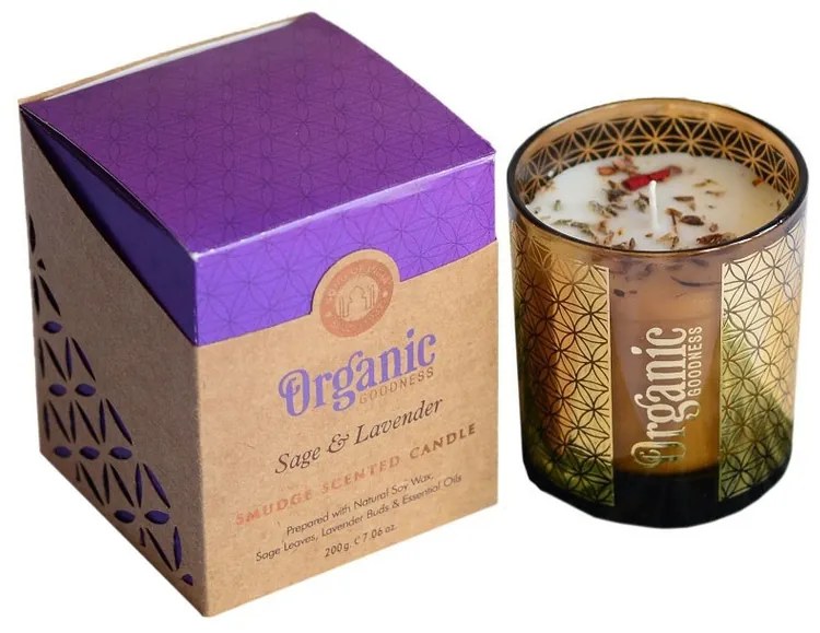 Organiczna świeca kadzidlana Sage &amp; Lavender200 g w szklanym pojemniku ze złotą folią