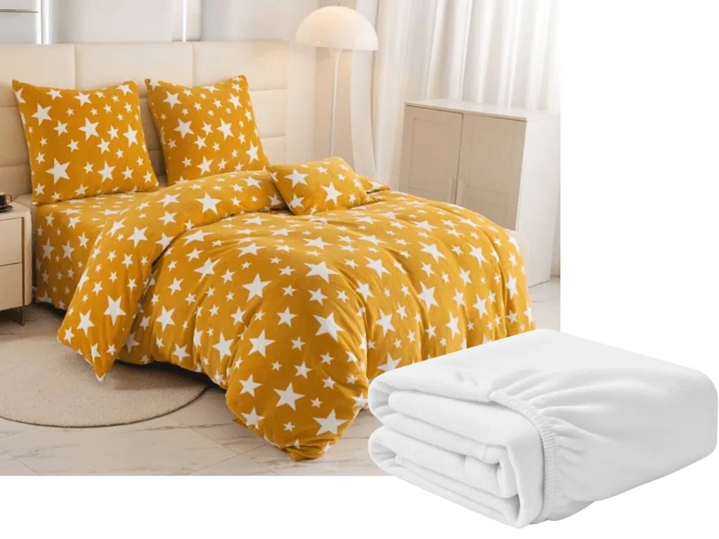 PrzytulneMieszkanie.pl PrzytulneMieszkanie.pl PrzytulneMieszkanie.pl Zestaw pościeli z mikropluszu GWIAZDY żółto-pomarańczowe + prześcieradło z mikropluszu SOFT 180x200 cm białe, podwójne łóżko