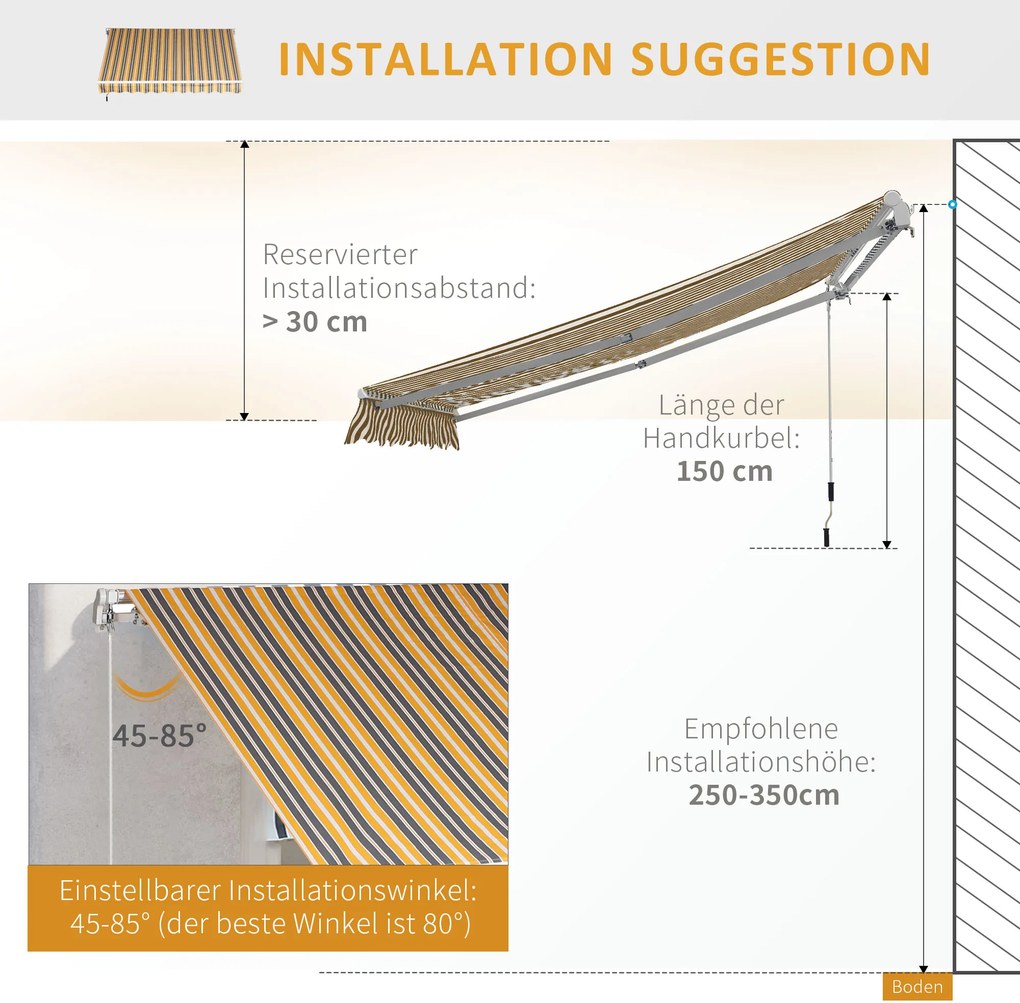 Outsunny markiza, markiza przegubowa, korbka ręczna, balkon, 2,95 x 2,45 m, aluminium, kolor: żółty, szary