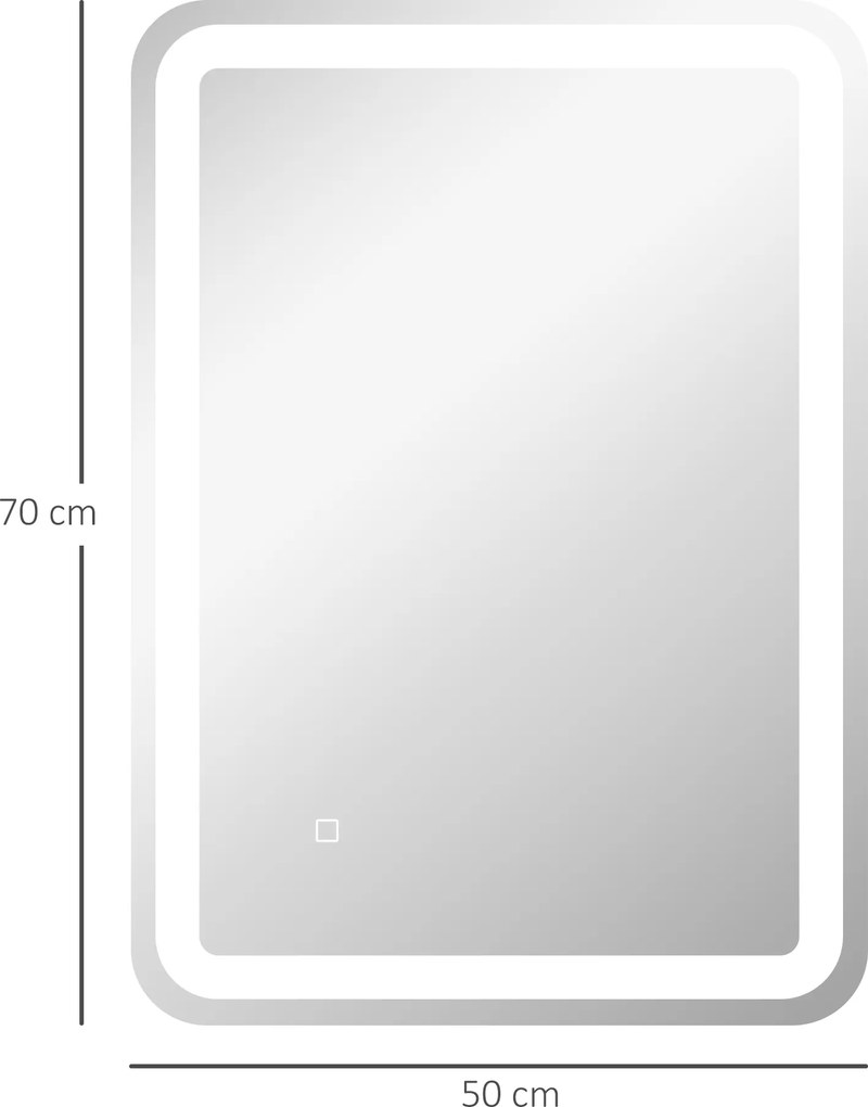 HOMCOM Lustro łazienkowe z oświetleniem LED, kontrola dotykowa, przeciwmgielne, z możliwością ściemniania, 3 kolory światła, 50x70, Srebrny