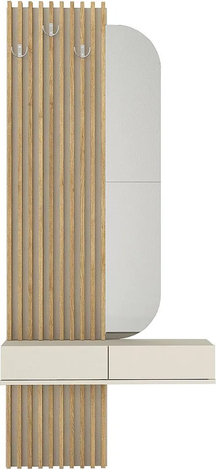 Konsola wisząca z lustrem, 2 drzwiczkami i 3 wieszakami - Beżowy i jasny naturalny - MERYDA