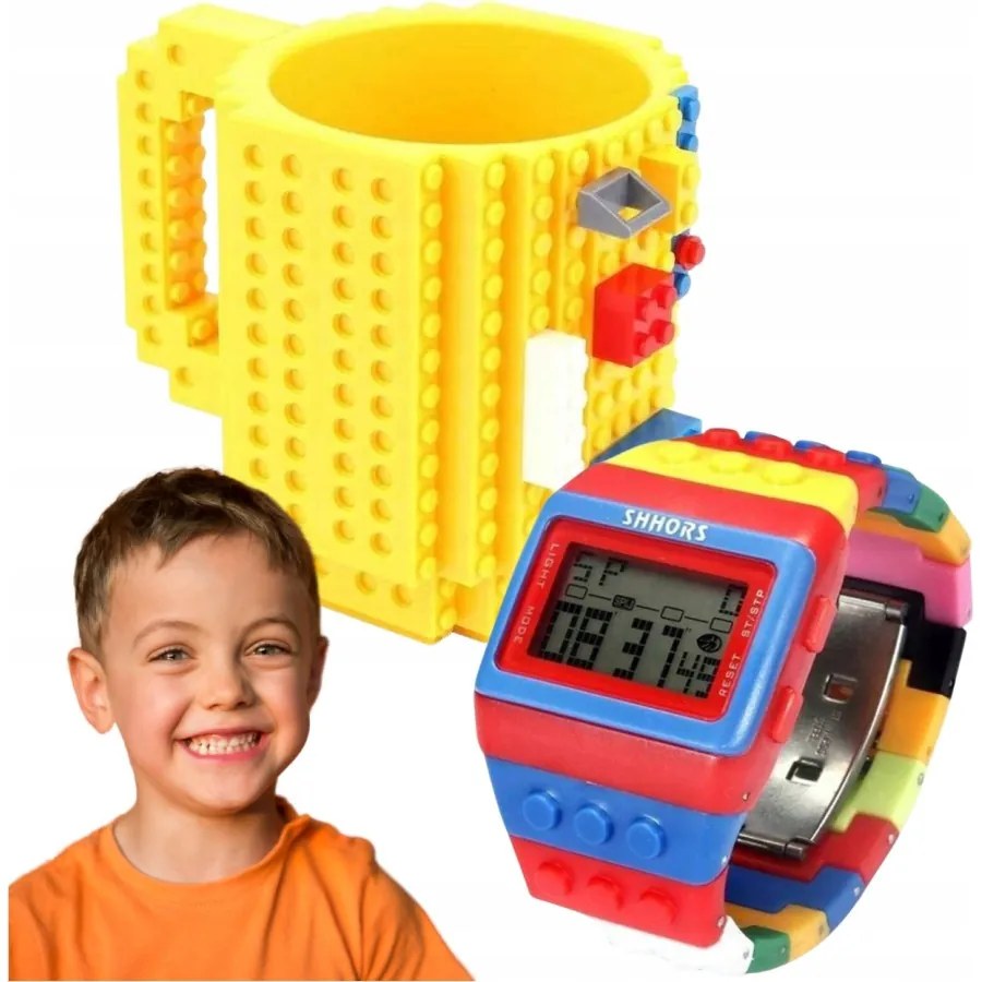 KUBEK KLOCKOWY DUŻY 350ML + KLOCKOWY CYFROWY ZEGAREK DLA DZIECKA REGULOWANY