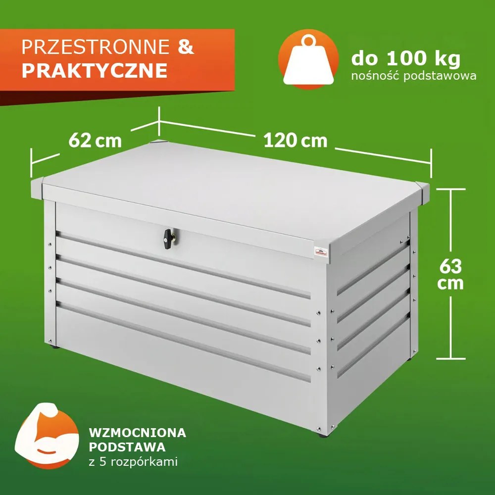 Metalowa skrzynia ogrodowa METALBOX, 385L, 120×62×63cm, szara Gardebruk