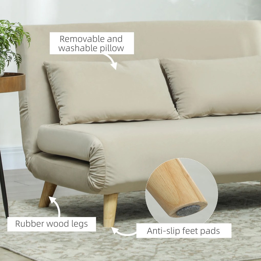 HOMCOM Relaksacyjna Sofa z Funkcją Spania, w zestawie 2 Poduszki, Wygląd Aksamitu, 130 x 78 x 79 cm, Beżowa