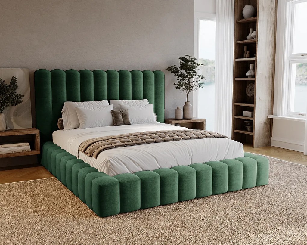 Emporius Elise łóżko z grubą pianką 180x200 - nowoczesne łóżko z pojemnikiem i stelażem, tkanina aksamitna, zielony (Ikoo 13)