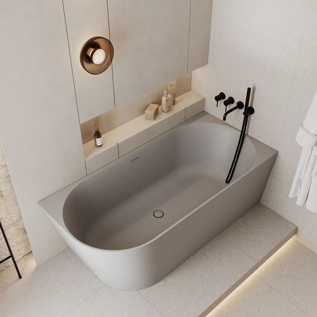 Wanna wolnostojąca narożna prawa konglomerat beżowa błyszcząca 160 x 75 cm WALL Beige Glow z przelewem typu SLIM