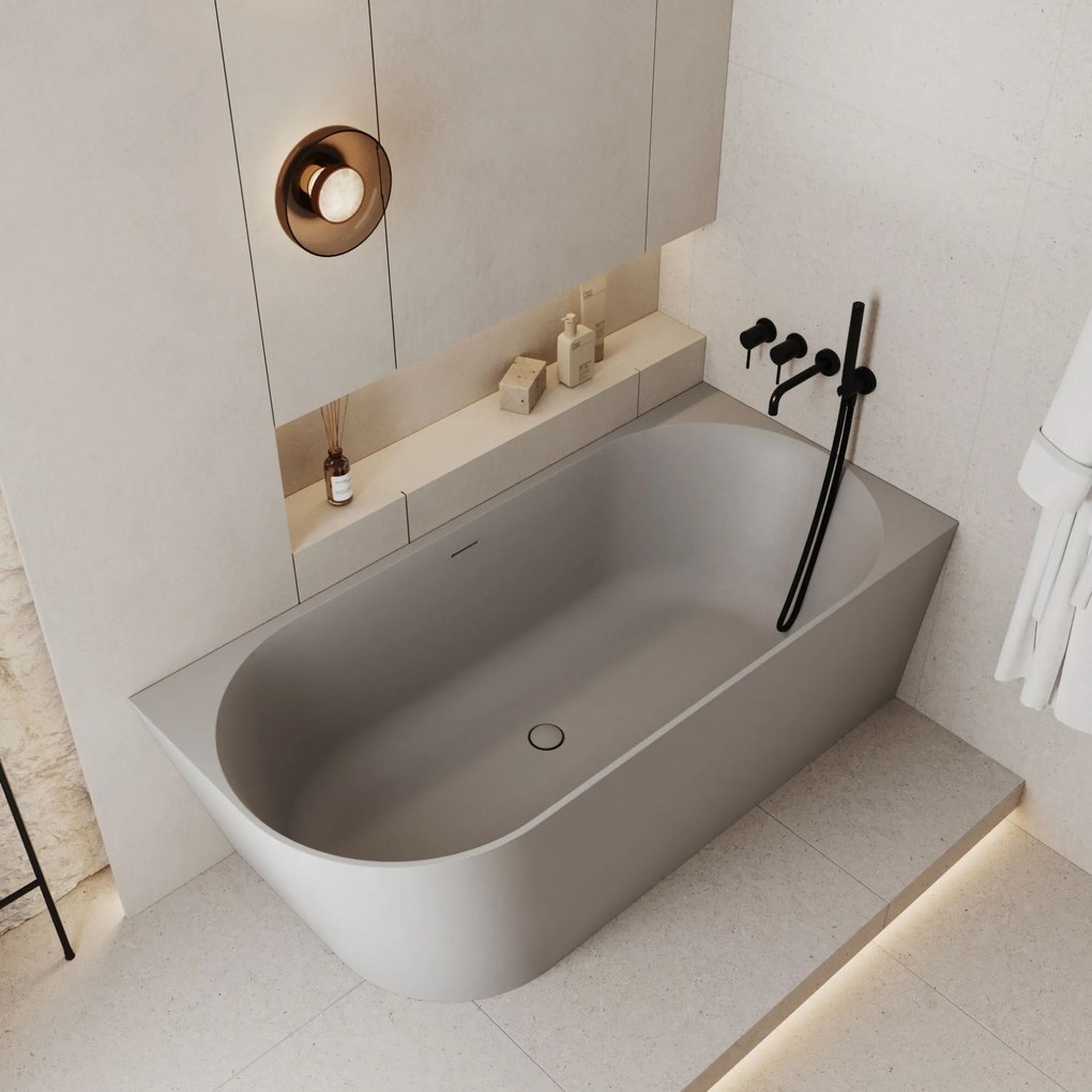 Wanna wolnostojąca narożna WALL Beige Matt / Glow prawa konglomerat beżowa błyszcząca/matowa 160 x 75 cm z przelewem typu SLIM : Kolor wanny - Szary matowy