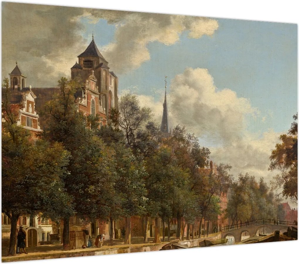 Obraz na szkle - Jan van der Heyden, View Down a Dutch Canal, reprodukcje (70x50 cm)
