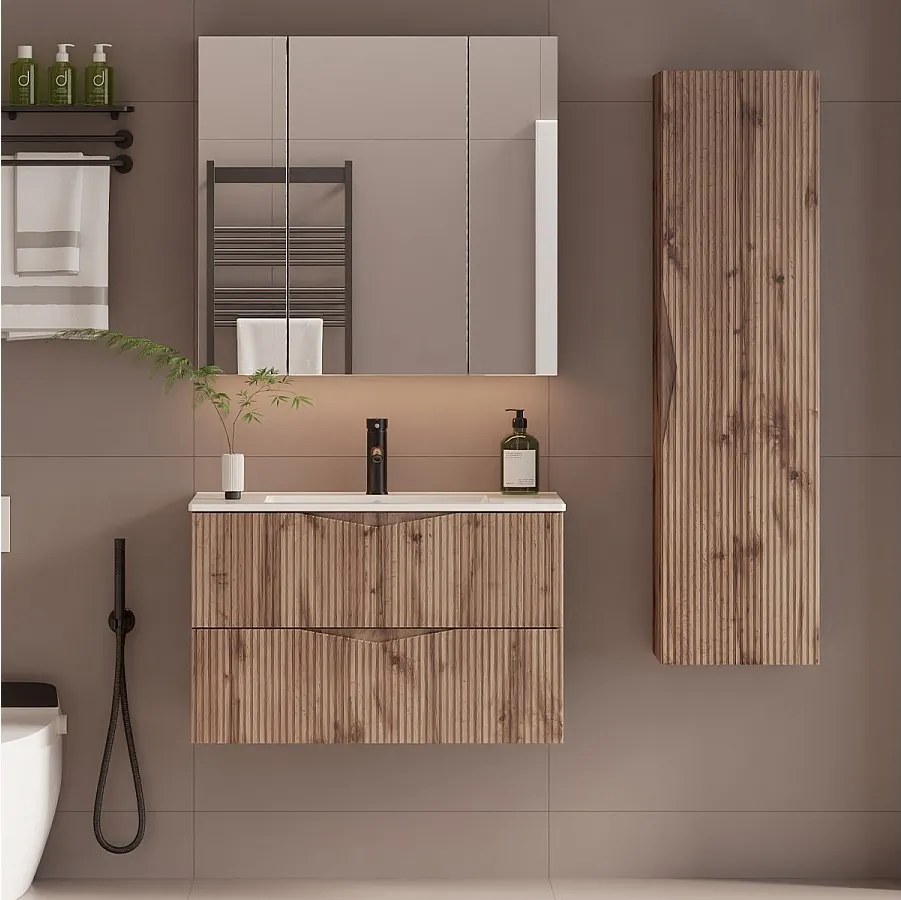 Zestaw do Łazienki 80cm Szafka z Umywalką Słupek Ryflowane Fronty Dąb Wotan Cleo