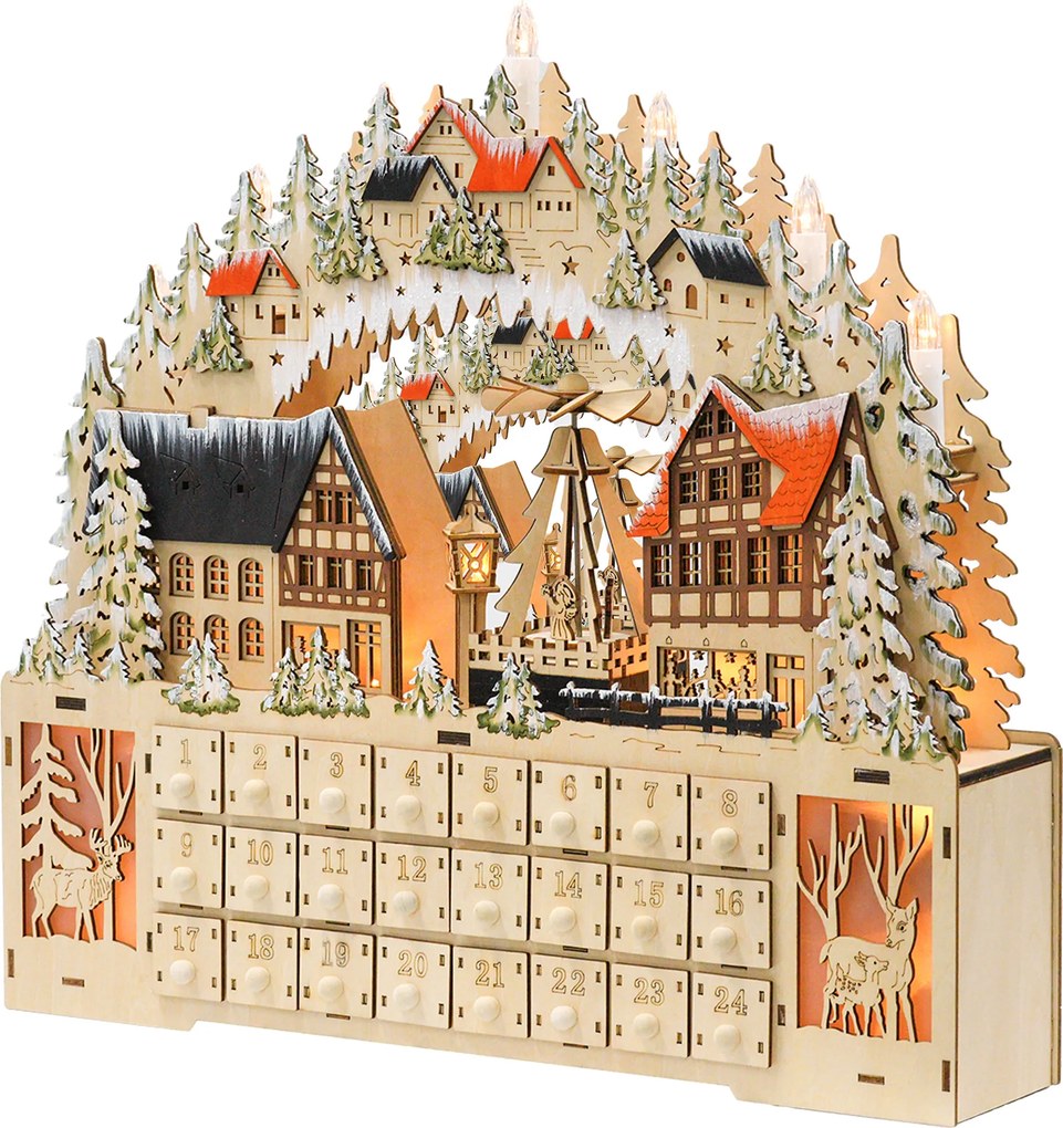 HOMCOM Kalendarz Świąteczny z Domkami, 18 Diód LED, 24 Przesuwane Schowki, Wielokrotnego Użytku, 45 x 9 x 42,5 cm | Aosom PL