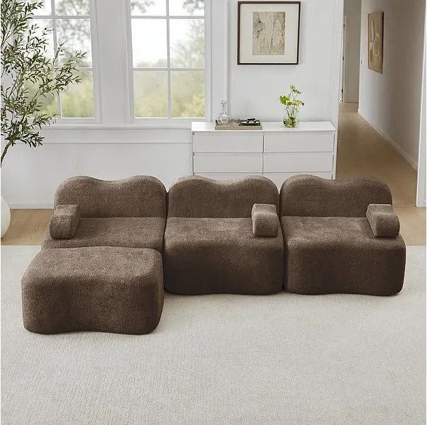 Canapé d'angle modulable en velours, avec pouf et coussin d'accoudoir, 288x167x70cm, Marron