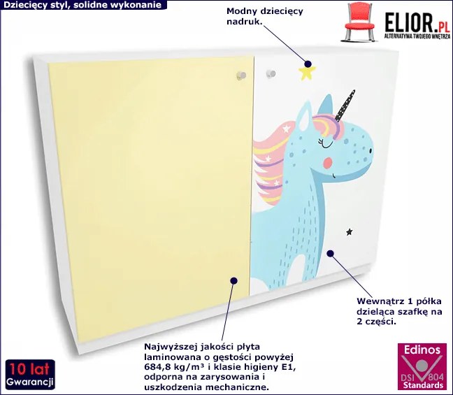 Biało-żółta komoda dziecięca z jednorożcem Nobros 4X - 3 kolory