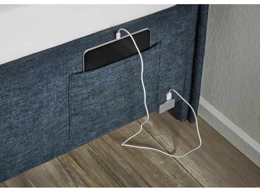 Ciemnoniebieskie tapicerowane łóżko dziecięce ze schowkiem ze stelażem 90x200 cm Fun – Meise Möbel