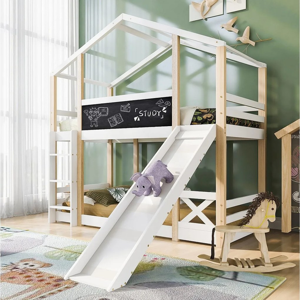 Łóżka piętrowe Cabane 2 x 90 x 200 cm z zjeżdżalnią, barierami, schodami - EN747 - biała i naturalna sosna certyfikowana