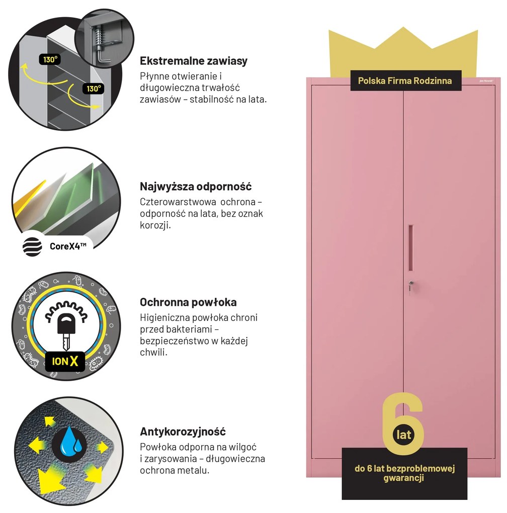 Szafa na dokumenty biurowa metalowa pudrowy róż: Fresh Style JAN H, 900 x 1950 x 400 mm