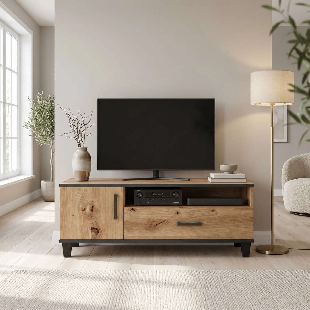 Szafka RTV stojąca CORTEZA 120 cm do Salonu z Szufladą - Dąb artisan