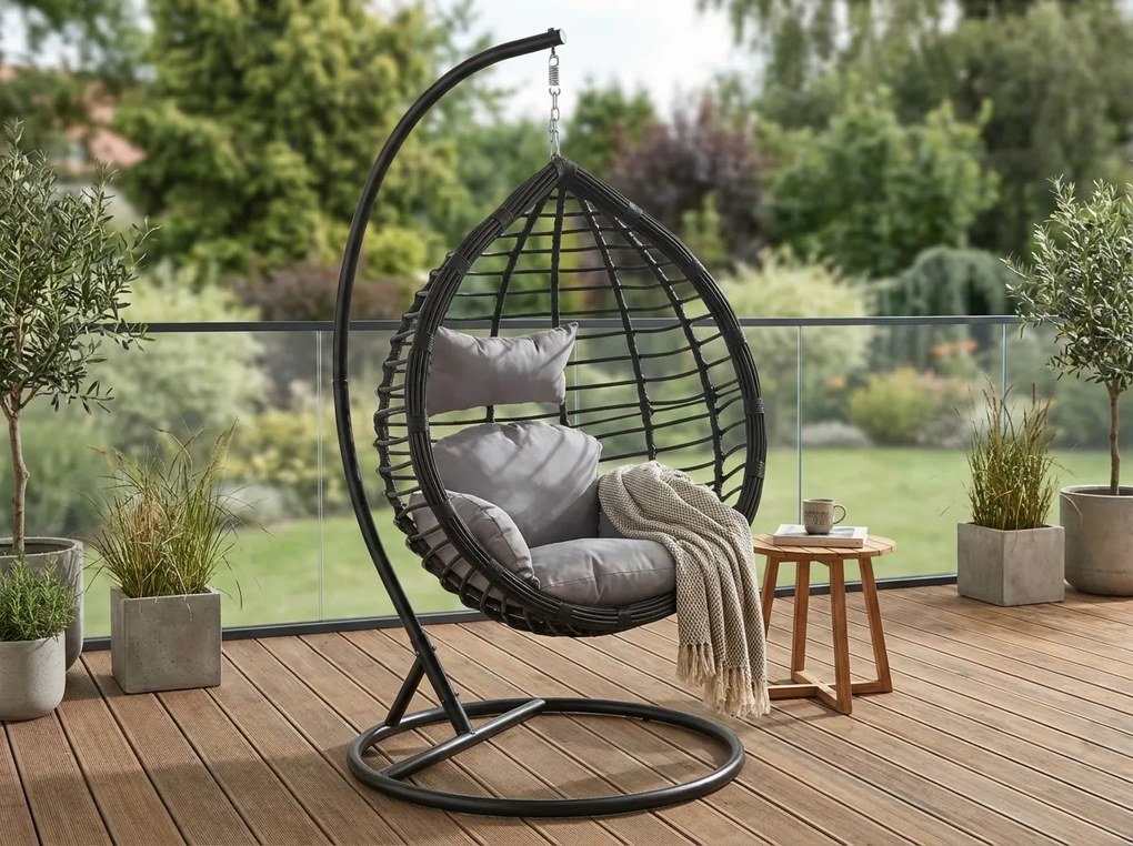 Wiszący fotel TARINO ze stojakiem, czarny/szara poduszka